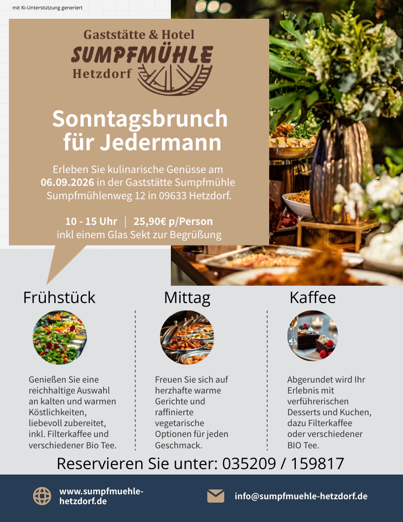 Werbeplakat Sonntagsbrunch für Jedermann in der Sumpfmühle Hetzdorf am 6. September 2026 von 10 bis 15 Uhr, 25,90 Euro pro Person inklusive Begrüßungssekt